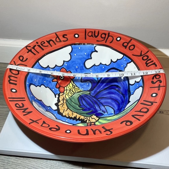 Nicole Engblom Hand Painted Large Serving Bowl Rooster Chick Egg Red Art Ceramic - Picture 13 of 14